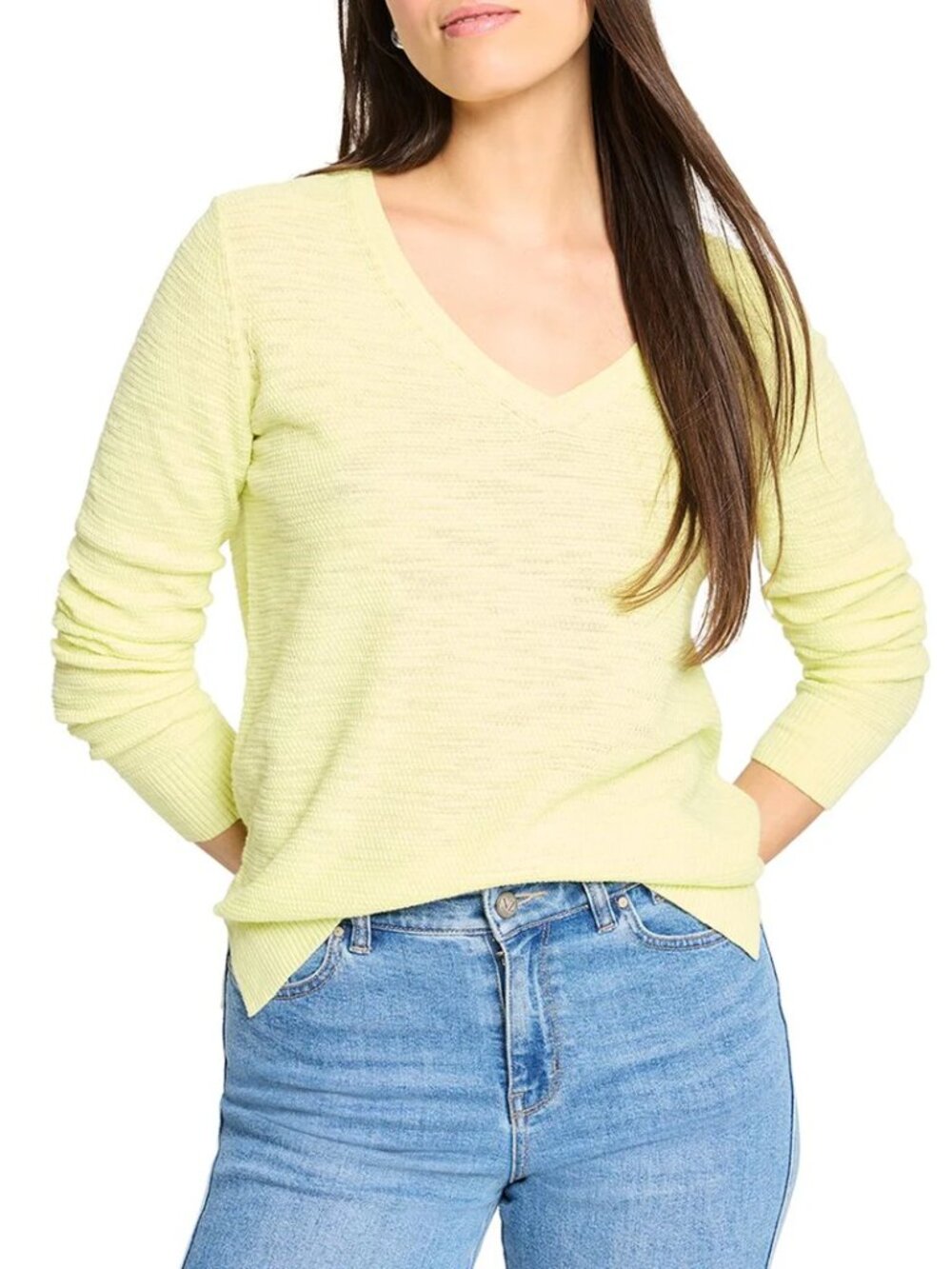 NIC+ZOE Breezy Texture sweater yellow lime tunic v-neck cotton lightweight new M